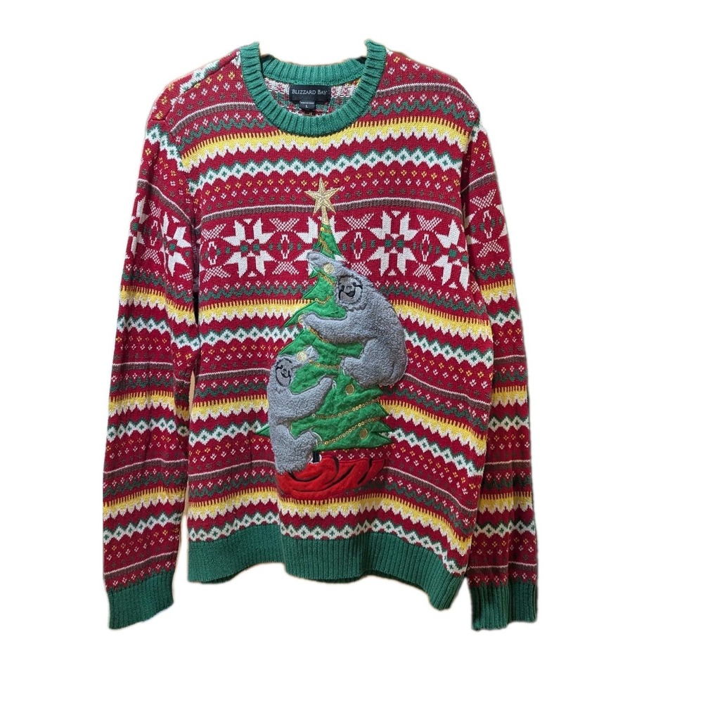 Blizzard Bay Ugly Xmas Sweater Sloths Climbing Christmas Tree Green & Red Size L